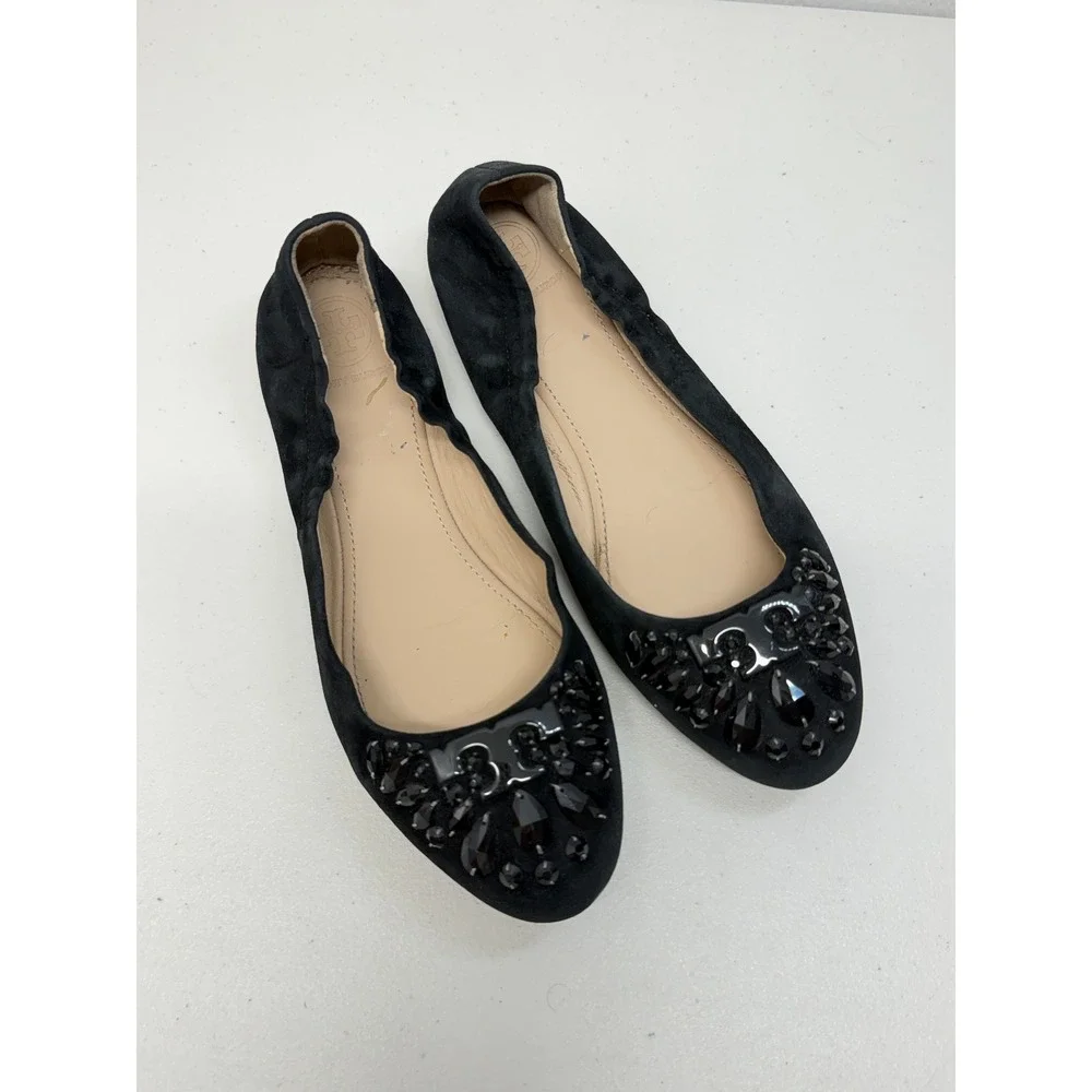 Tory Burch Reva Black Suede Embellished Crystal Logo Ballet Flats Shoes 6.5